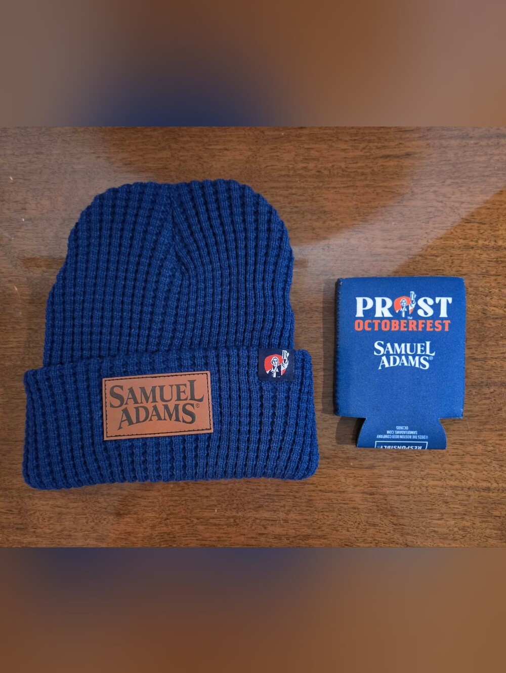 Samuel Adams Blue Waffle Knit Beanie Logo Patch Cuffed Cap, Octoberfest Cozzie